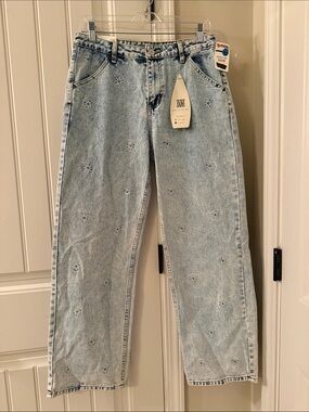 High-Rise Light Wash Wide Leg Jeans with Daisy Embroidery